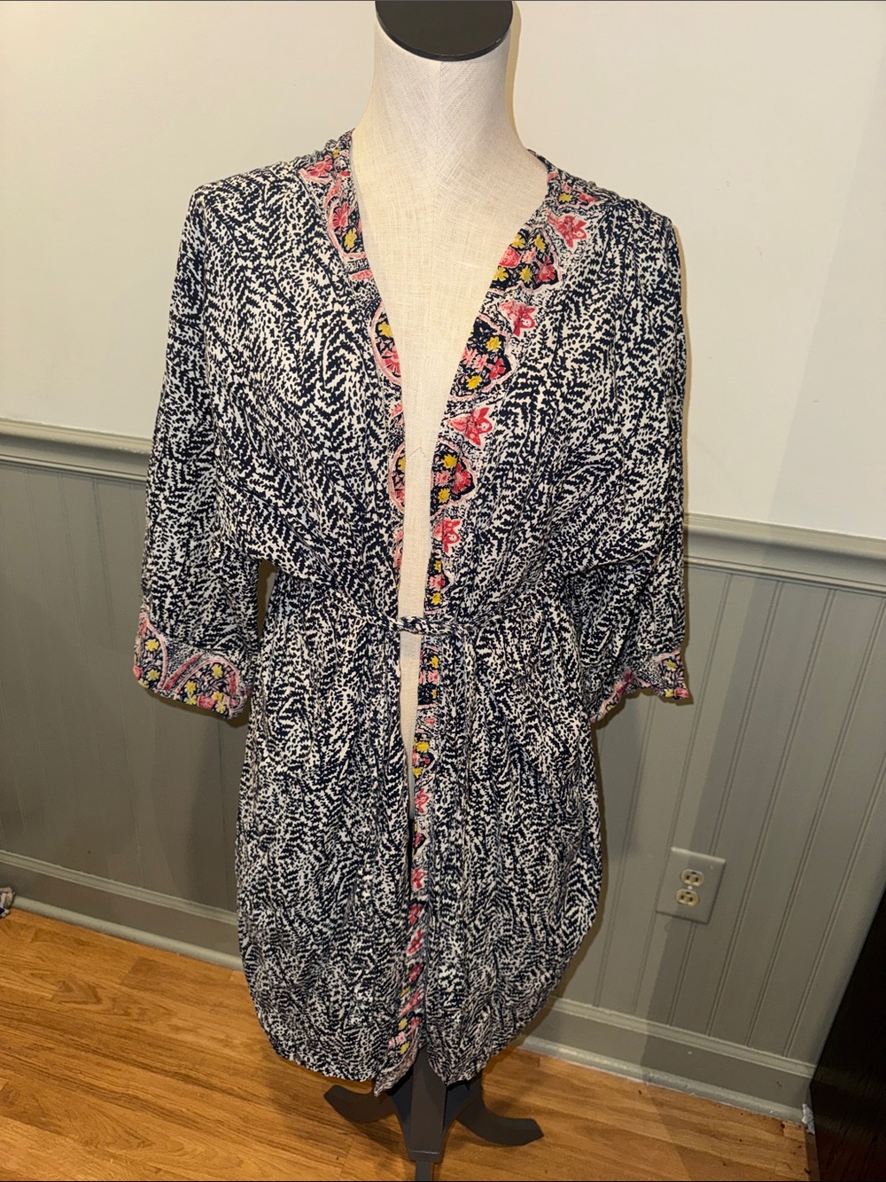 Lucky Brand Navy and White Printed Swim Cover-Up with Pink Trim size‎ s/m p/m